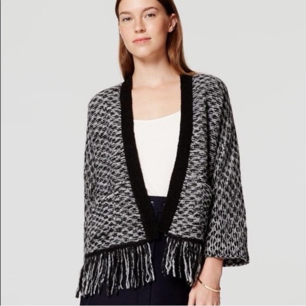 Ann Taylor Loft Black and Gray Acrylic Wool Sweater with Fringe